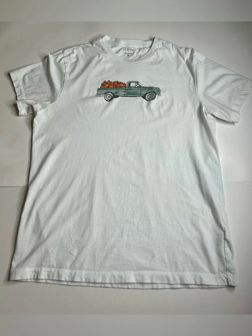 J. Crew Preppy Fall White Crewneck Tee Pickup Truck with Pumpkins Autumn Sz M